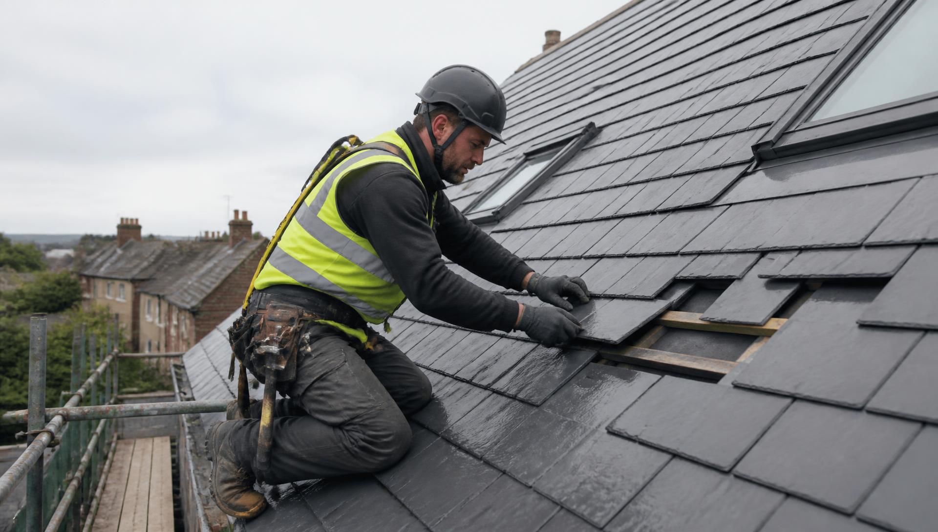 Professional Dublin roofer fitting slate tiles on a modern pitched roof